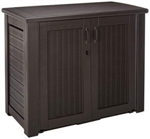 rubbermaid decorative outdoor storage cabinet (123 gal), weather resistant, dark brown, organization for home/backyard/pool chemicals/toys/garden tools/porch/patio cushions