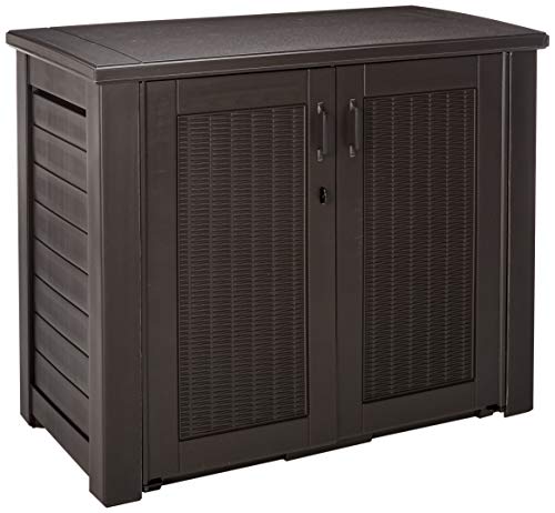 Rubbermaid Decorative Outdoor Storage Cabinet (123 Gal), Weather Resistant, Dark Brown, Organization for Home/Backyard/Pool Chemicals/Toys/Garden Tools/Porch/Patio Cushions