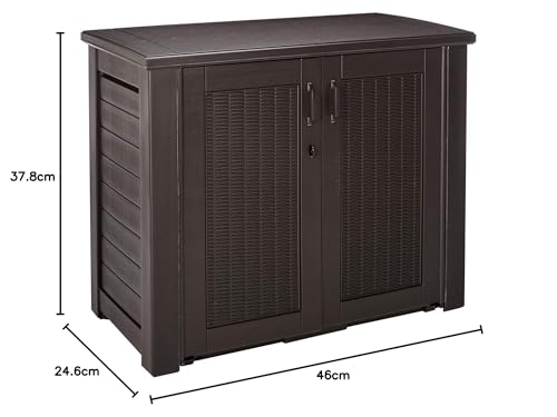 Rubbermaid Decorative Outdoor Storage Cabinet (123 Gal), Weather Resistant, Dark Brown, Organization for Home/Backyard/Pool Chemicals/Toys/Garden Tools/Porch/Patio Cushions