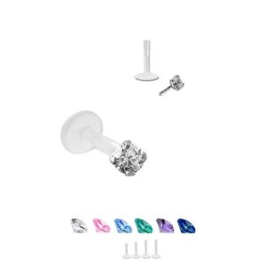 925 Sterling Silver Labret Nose Ring Stud Bioflex Post 1/4" 6mm Post 2.5mm Aqua CZ 18G