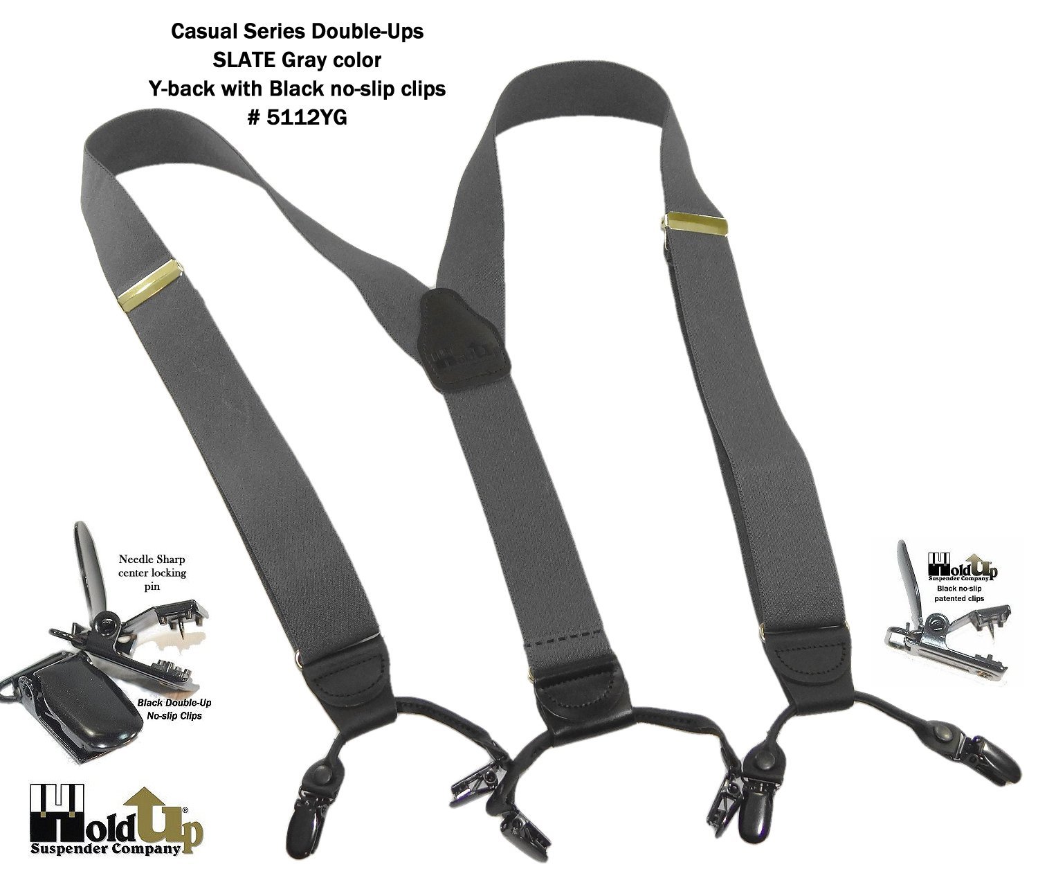 Holdup Brand Casual series Slate Dual Clip Double-Up style Suspenders for Men withNo-Slip® black clips