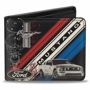 buckle-down men's pu bifold wallet-mustang tri-bar logo/diagonal stripe/blueprint black/red/white/blue, multicolor, 4.0" x 3.5"