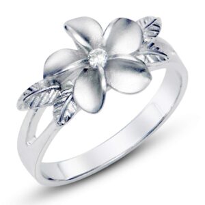 Metal Factory Sz 9 Sterting Silver 925 Plumeria Cubic Zirconia CZ w/Maile Leaf Hawaiian Flower Band Ring