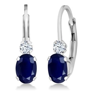 gem stone king 925 sterling silver blue sapphire and white created sapphire leverback earrings for women (1.18 cttw, gemstone september birthstone, oval 6x4mm, round 2mm, 3/4 inch)