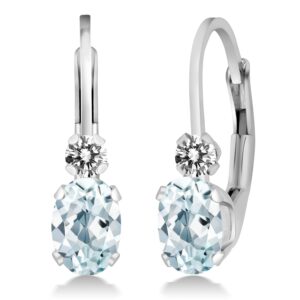 Gem Stone King 925 Sterling Silver Sky Blue Aquamarine & White Diamond Leverback Earrings For Women (1.07 Cttw, Gemstone Birthstone, Oval 6X4MM, Round 2MM, 3/4 Inch)