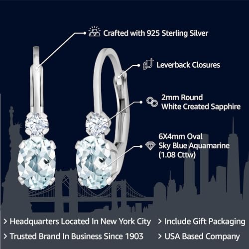 Gem Stone King 925 Sterling Silver Sky Blue Aquamarine & White Created Sapphire Leverback Earrings For Women (1.08 Cttw, Gemstone Birthstone, Oval 6X4MM, Round 2MM, 3/4 Inch)