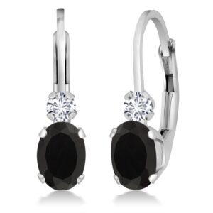 gem stone king 14k white gold black onyx and white diamond leverback earrings for women | 0.85 cttw | gemstone december birthstone | oval 6x4mm, round 2mm | 3/4 inch