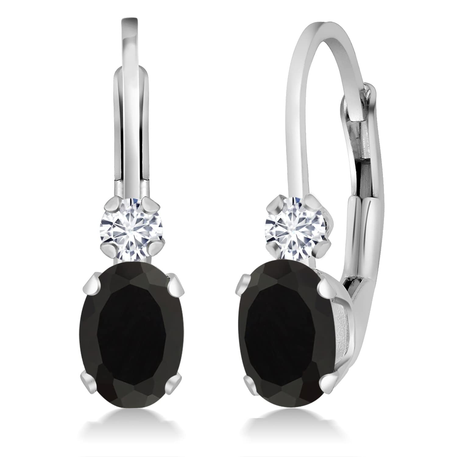 Gem Stone King 14K White Gold Black Onyx and White Diamond Leverback Earrings For Women | 0.85 Cttw | Gemstone December Birthstone | Oval 6X4MM, Round 2MM | 3/4 Inch