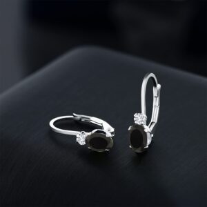 Gem Stone King 14K White Gold Black Onyx and White Diamond Leverback Earrings For Women | 0.85 Cttw | Gemstone December Birthstone | Oval 6X4MM, Round 2MM | 3/4 Inch