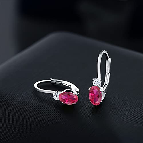 Gem Stone King 14K White Gold Red Created Ruby and White Created Sapphire Leverback Earrings For Women | 1.08 Cttw | Gemstone July Birthstone | Oval 6X4MM, Round 2MM | 3/4 Inch