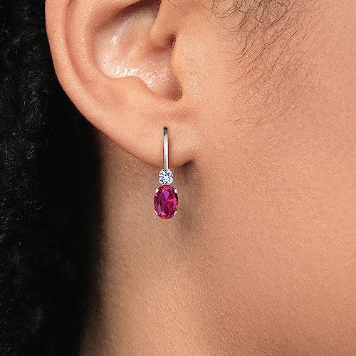 Gem Stone King 14K White Gold Red Created Ruby and White Created Sapphire Leverback Earrings For Women | 1.08 Cttw | Gemstone July Birthstone | Oval 6X4MM, Round 2MM | 3/4 Inch