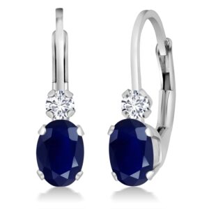 gem stone king 14k white gold blue sapphire and white diamond leverback earrings for women | 1.17 cttw | gemstone september birthstone | oval 6x4mm, round 2mm | 3/4 inch