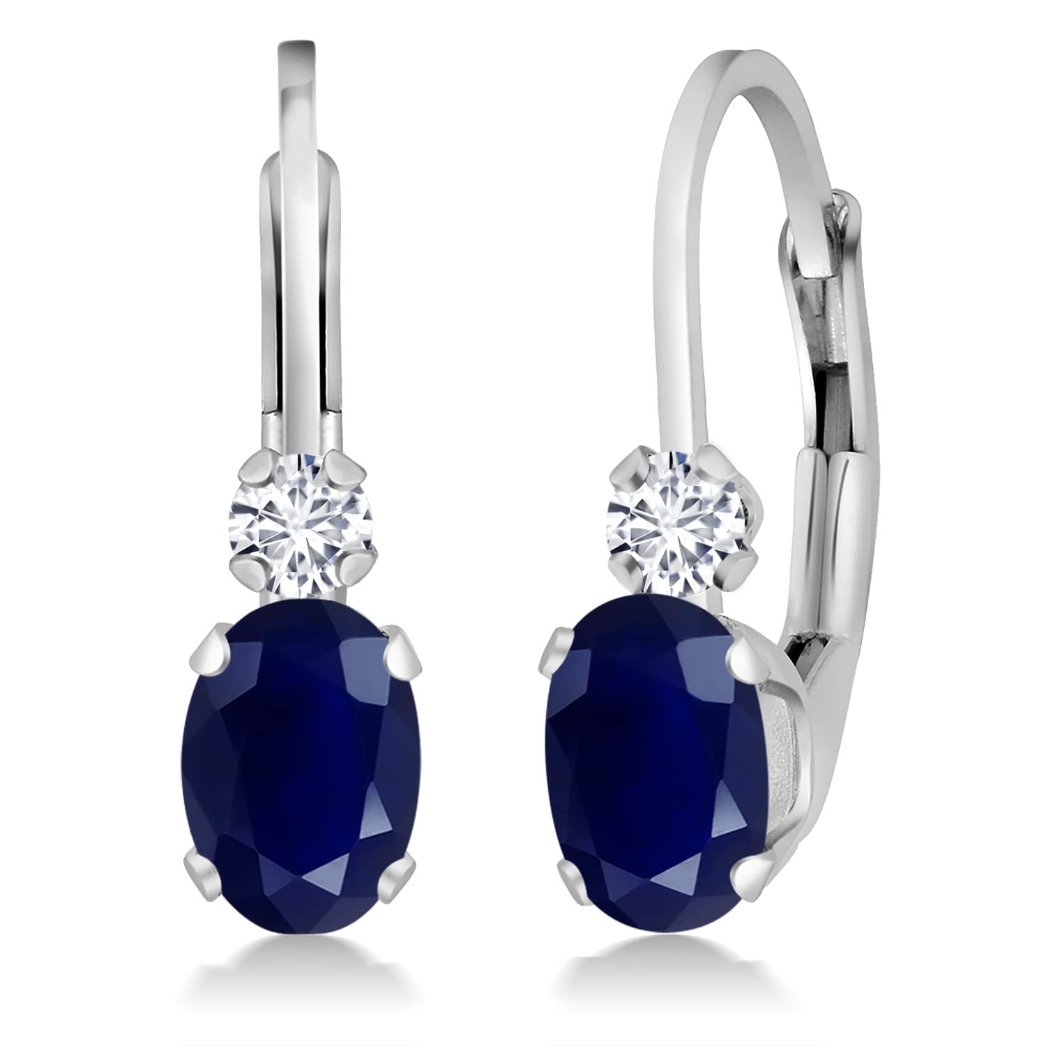 Gem Stone King 14K White Gold Blue Sapphire and White Diamond Leverback Earrings For Women | 1.17 Cttw | Gemstone September Birthstone | Oval 6X4MM, Round 2MM | 3/4 Inch