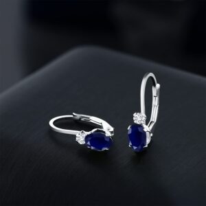 Gem Stone King 14K White Gold Blue Sapphire and White Diamond Leverback Earrings For Women | 1.17 Cttw | Gemstone September Birthstone | Oval 6X4MM, Round 2MM | 3/4 Inch