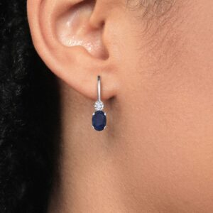 Gem Stone King 14K White Gold Blue Sapphire and White Diamond Leverback Earrings For Women | 1.17 Cttw | Gemstone September Birthstone | Oval 6X4MM, Round 2MM | 3/4 Inch