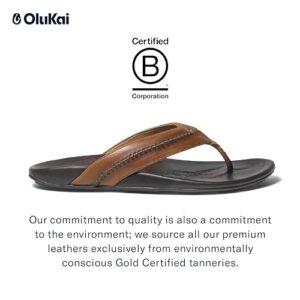 OLUKAI Mea Ola Men's Beach Sandals, Premium Leather Flip-Flop Slides, Compression Molded Footbed & Comfort Fit, Laser-Etched Design, Tan/Dk Java, 10