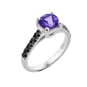 10k white gold february birthstone solitaire amethyst engagement ring with black diamonds (size 10)