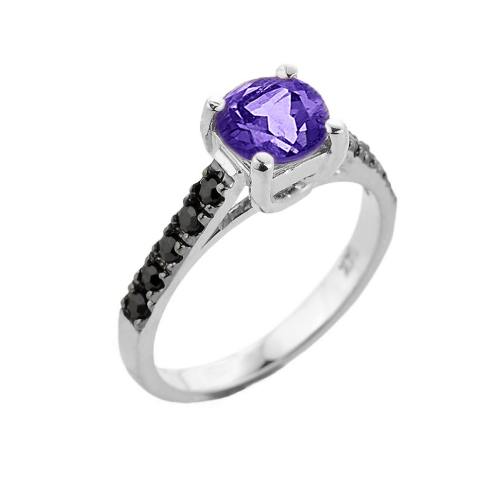 10k White Gold February Birthstone Solitaire Amethyst Engagement Ring with Black Diamonds (Size 10)