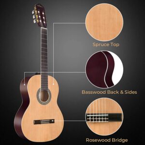 ADM Full Size Classical Nylon Strings Acoustic Guitar 39 Inch Classic Guitarra Starter Bundle for Adult with Free Lessons, Gig Bag, Tuner, Footstool, Kids Student Beginner Kits, Nature