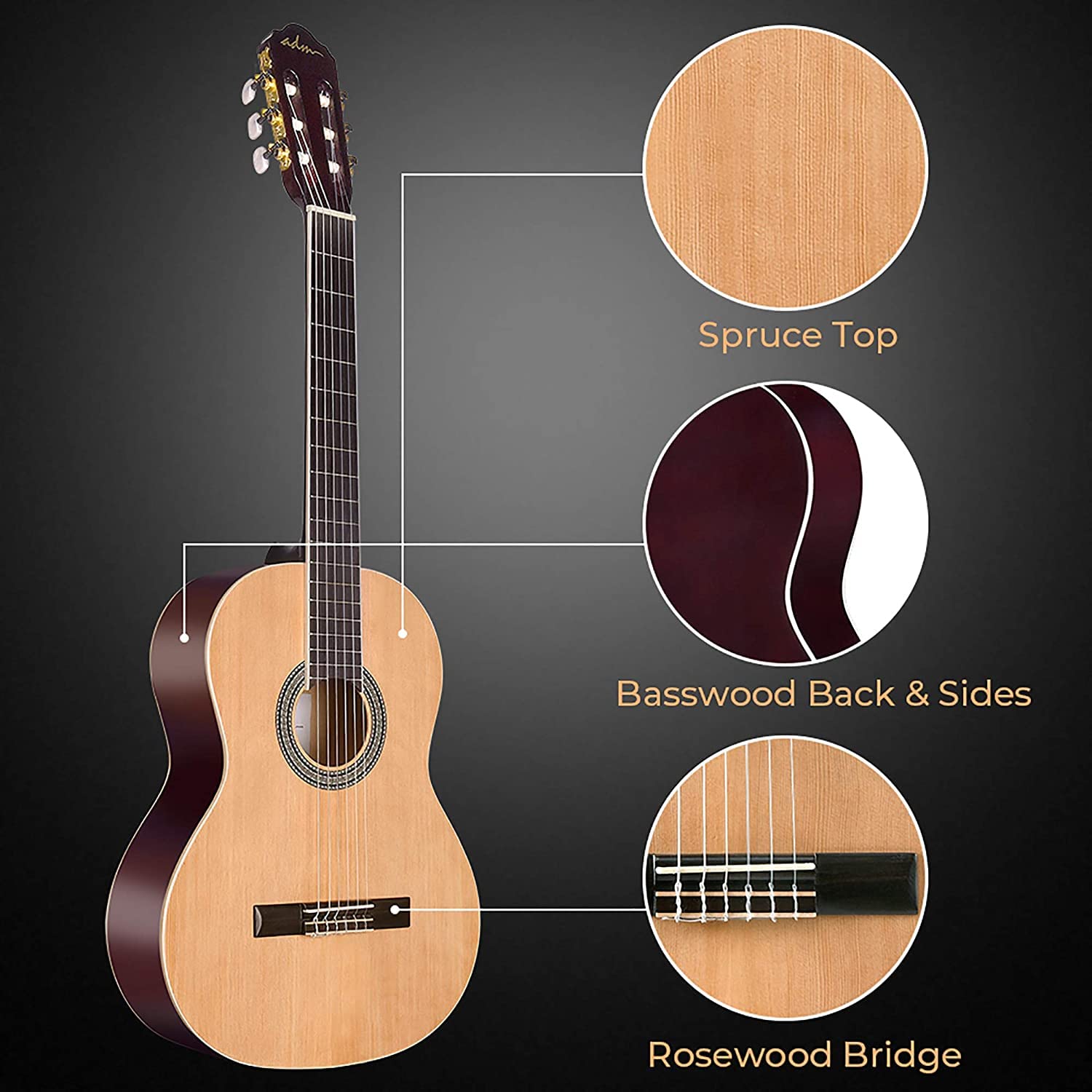 ADM Full Size Classical Nylon Strings Acoustic Guitar 39 Inch Classic Guitarra Starter Bundle for Adult with Free Lessons, Gig Bag, Tuner, Footstool, Kids Student Beginner Kits, Nature