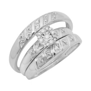 dazzlingrock collection white diamond halo illusion wedding trio ring set for men & women (0.10 ctw, color i-j, clarity i2-i3) in 925 sterling silver, women size 7 and men size 10