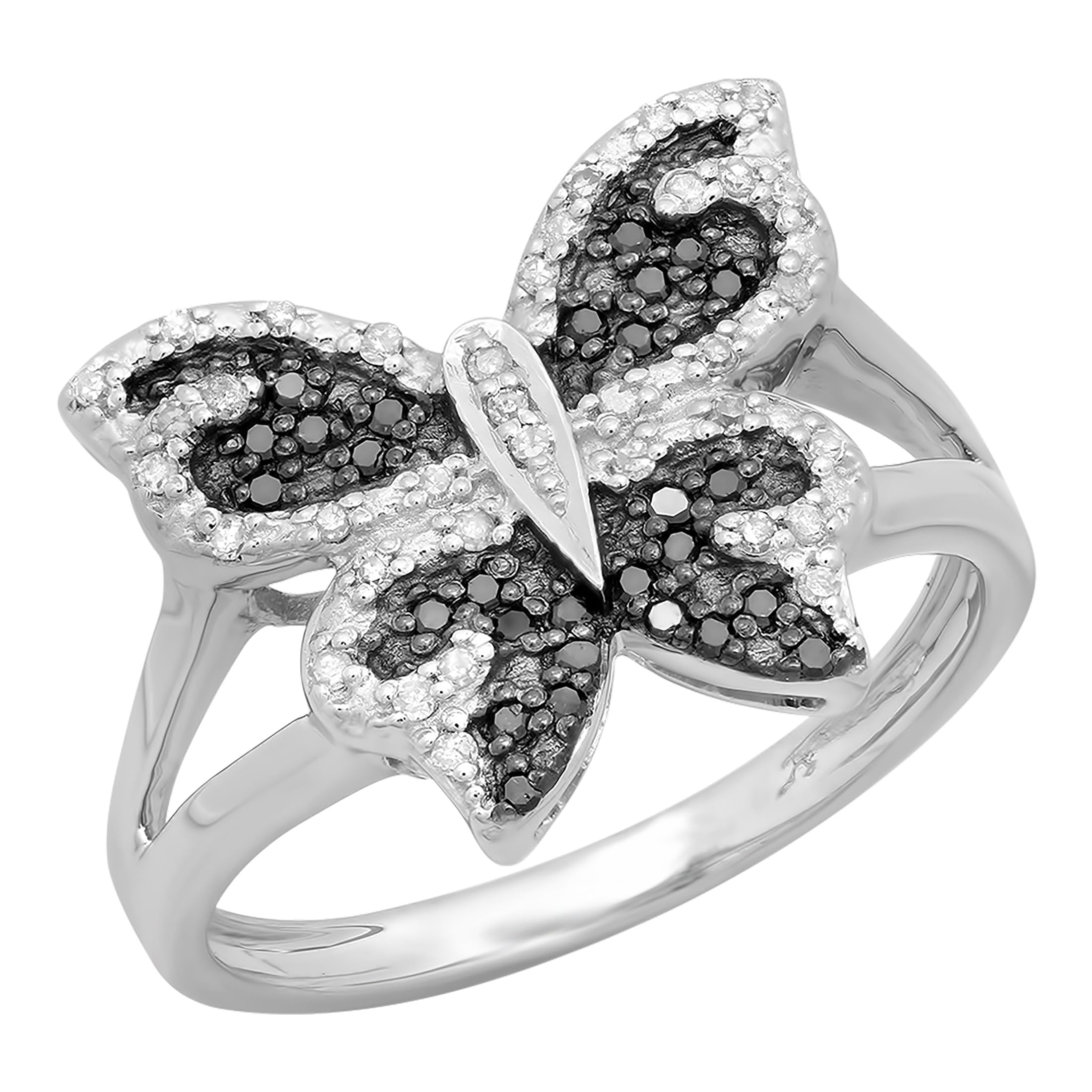 Dazzlingrock Collection 0.24 Carat (ctw) Sterling Silver Round Black & White Diamond Butterfly Right Hand Ring 1/4 CT, Size 7