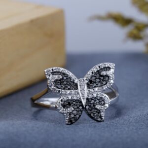 Dazzlingrock Collection 0.24 Carat (ctw) Sterling Silver Round Black & White Diamond Butterfly Right Hand Ring 1/4 CT, Size 7