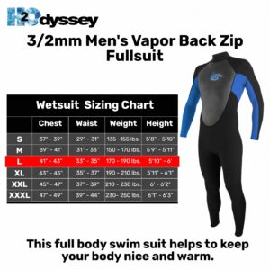 H2Odyssey 3/2mm Men's Vapor Back Zip Wetsuit for Men - Mens Long Sleeve Swimsuit for Surf Board and Deep Sea Diving (Large, Blue)