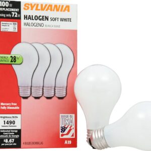 SYLVANIA Home Lighting 52258 Halogen Bulb, A19-72W-3000K, Soft White Finish, Medium Base, Pack of 4