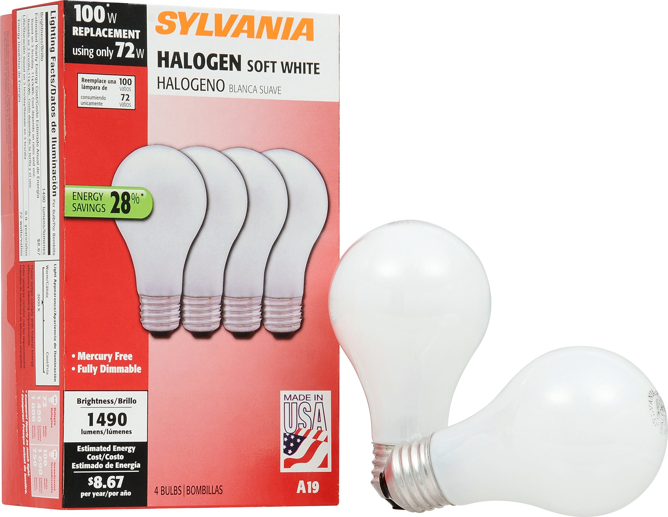 SYLVANIA Home Lighting 52258 Halogen Bulb, A19-72W-3000K, Soft White Finish, Medium Base, Pack of 4