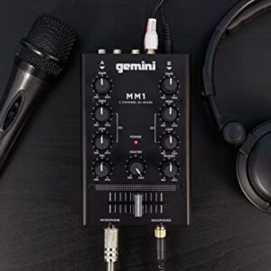 Gemini Sound MM1 Professional Audio 2-Channel Dual Mic Input Stereo 2-Band Rotary Compact DJ Podcast Mixer with Cross-Fader and Individual Gain Control