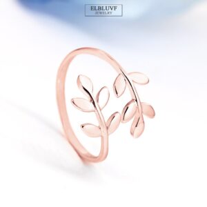 ELBLUVF Stainless Steel 18k Rose Gold Plated Leaves Leaf Laurel Adjustable Branch Ring Jewelry for Women