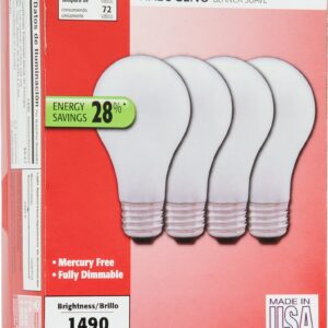 SYLVANIA Home Lighting 52258 Halogen Bulb, A19-72W-3000K, Soft White Finish, Medium Base, Pack of 4