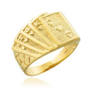 Solid 14k Yellow Gold Lucky Nugget Band Royal Flush of Hearts Poker Ring (Size 11)