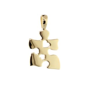 small autism awareness puzzle piece charm with 2 open hearts in 14k yellow gold, 15mm