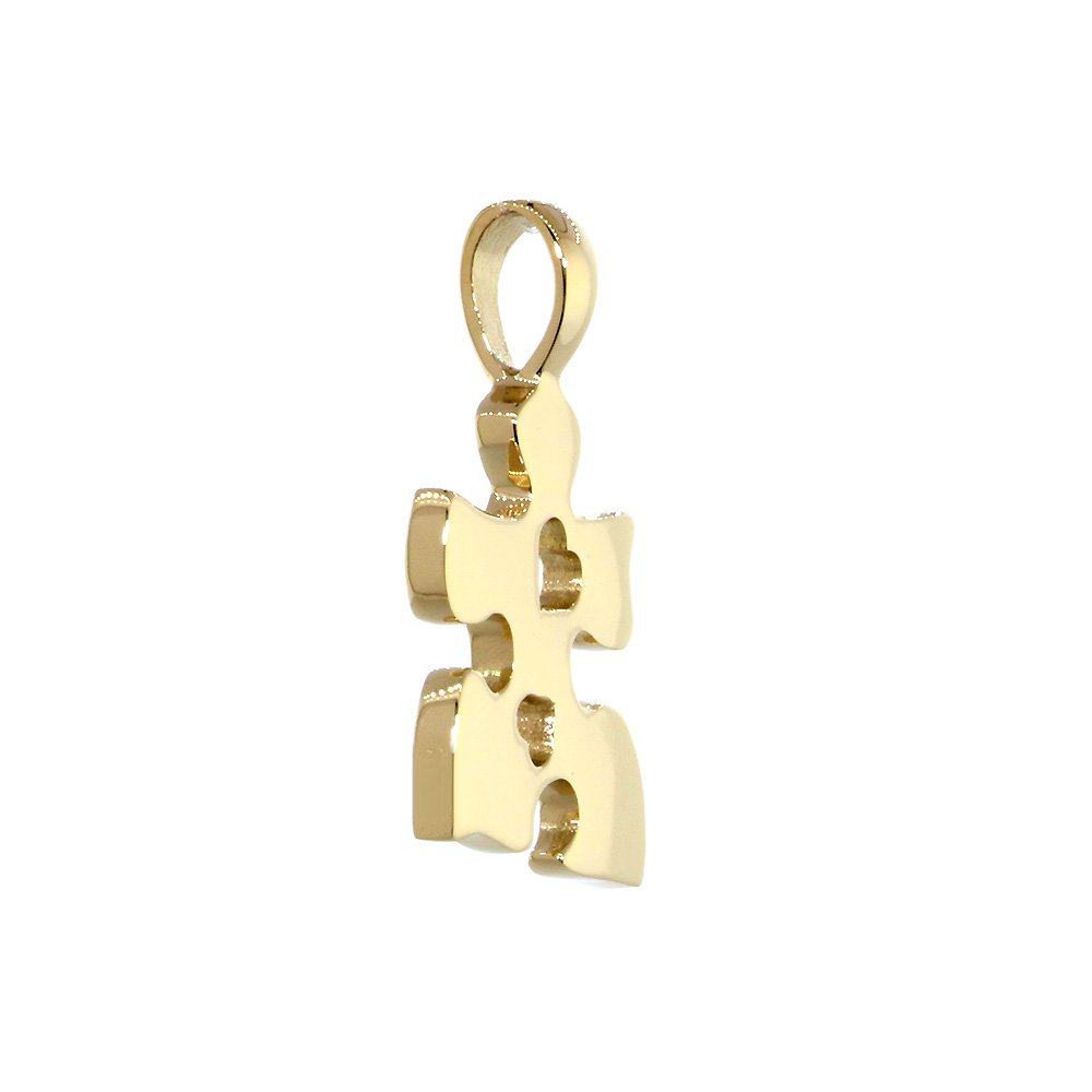 Small Autism Awareness Puzzle Piece Charm with 2 Open Hearts in 14K Yellow Gold, 15mm