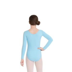 Clementine Apparel Girls Crew Neck Long Sleeve Leotard One Piece Tops Bodysuit Dancewear Costumes Light Blue, 6X-7