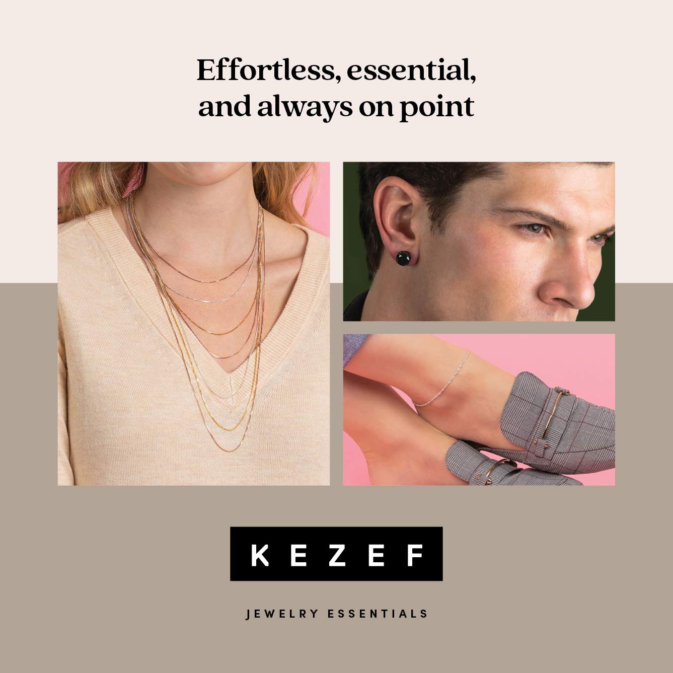 KEZEF Rose Gold Chain Necklace for Women, 1.3mm Silver Cable Chain, 18 Inch, with Spring-Ring Clasp, Italian Made