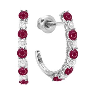 dazzlingrock collection 14k round ruby & white diamond ladies j shaped hoop earrings, white gold