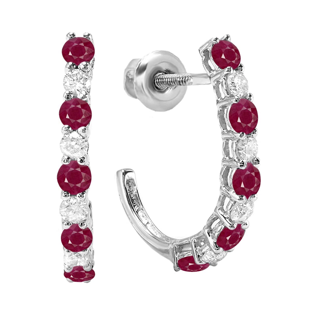 Dazzlingrock Collection 14K Round Ruby & White Diamond Ladies J Shaped Hoop Earrings, White Gold