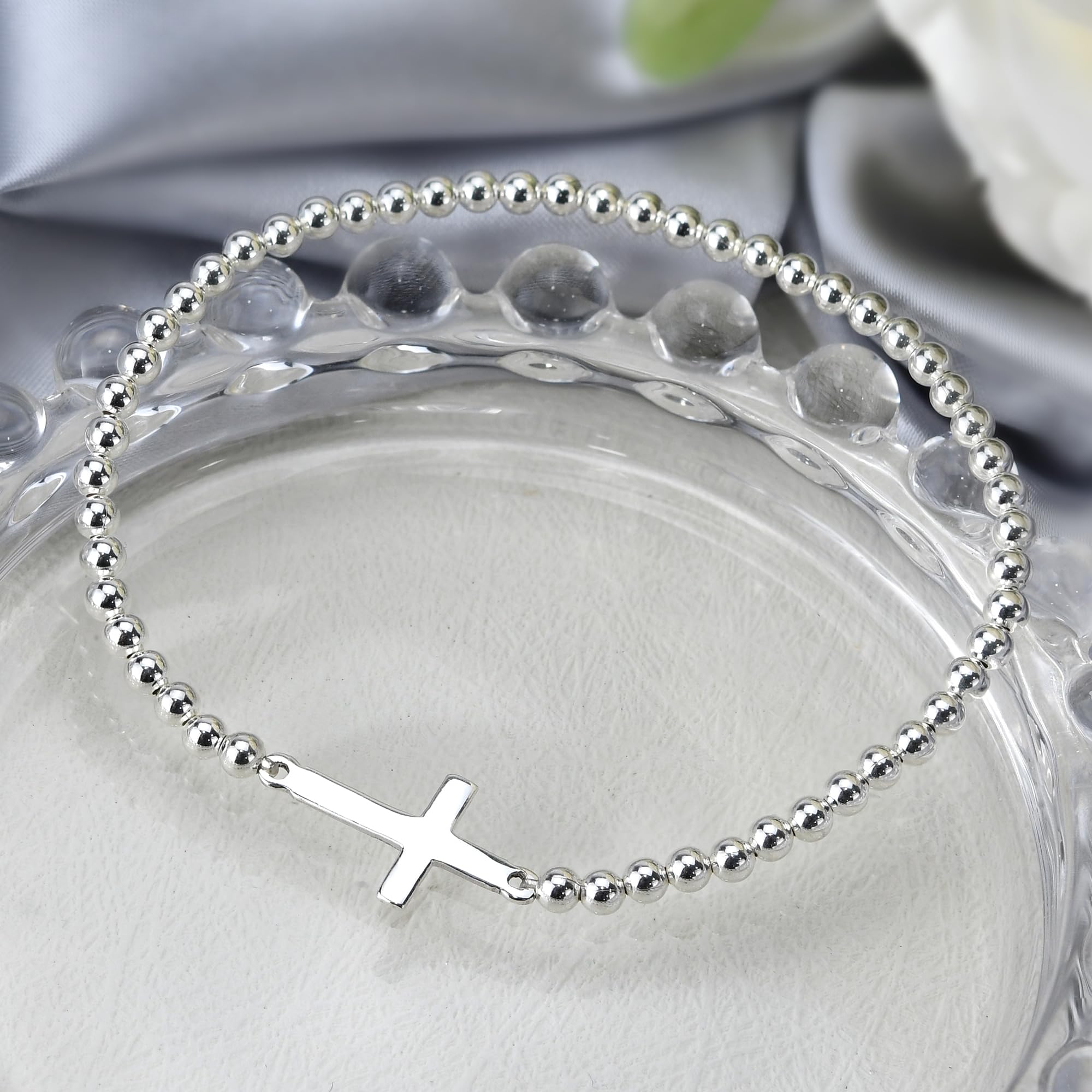 AeraVida Faithful Christian Cross .925 Sterling Silver Elastic Beads Bracelet