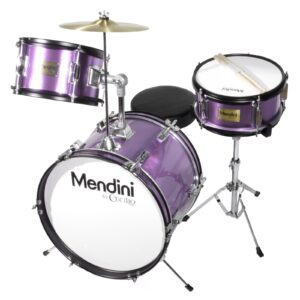 mendini by cecilio drum set – 3-piece kids drum set (16"), includes bass drum, tom, snare, drum throne - musical instruments for age 6-12, purple drum kit