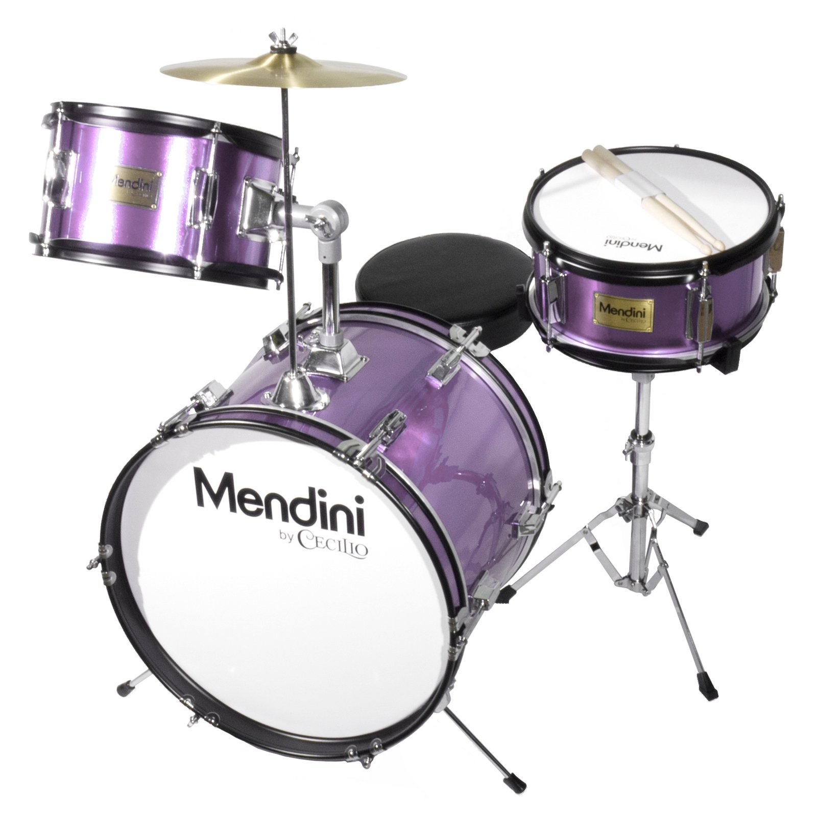 Mendini by Cecilio Drum Set – 3-Piece Kids Drum Set (16"), Includes Bass Drum, Tom, Snare, Drum Throne - Musical Instruments for Age 6-12, Purple Drum Kit