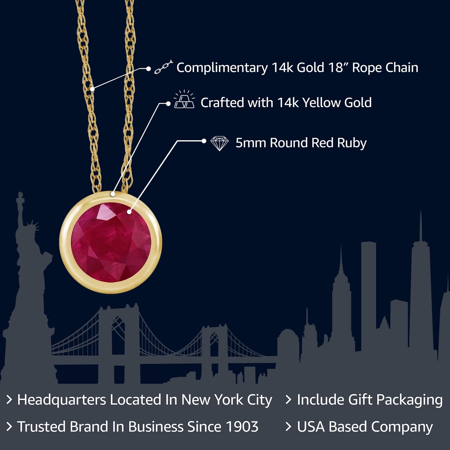 Gem Stone King 14K Yellow Gold Red Ruby Pendant Necklace For Women (0.56 Cttw, Gemstone July Birthstone, Round 5MM, with 18 Inch Chain)