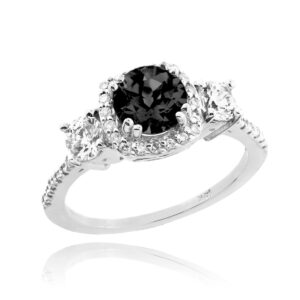 14k white gold white diamond halo 3-stone black diamond engagement ring (size 7)