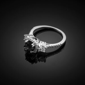 14k White Gold White Diamond Halo 3-Stone Black Diamond Engagement Ring (Size 7)