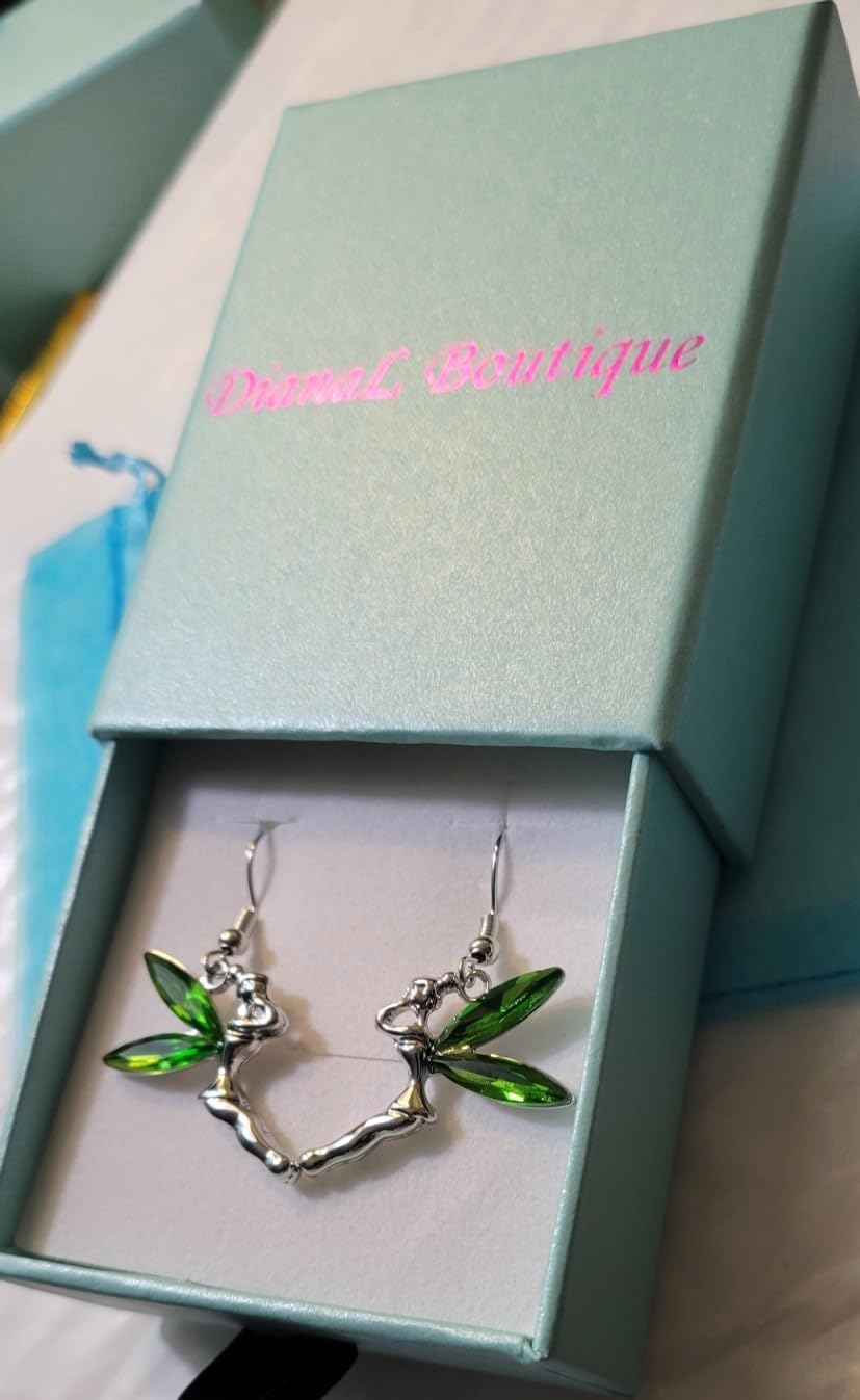 DianaL Boutique Tinkerbell Fairy Earrings Green Crystal Wings Gift Boxed Tinker Bell