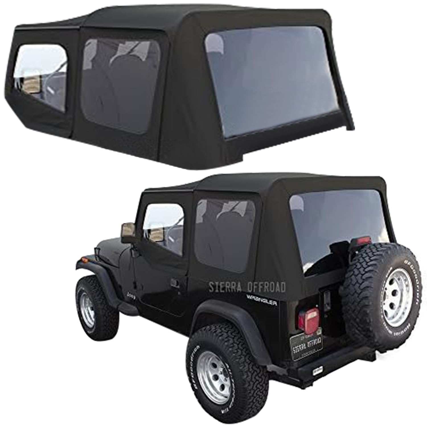 Sierra Offroad Soft Top for 1988 to 1995 Jeep Wrangler YJ - Black, Sailcloth Vinyl - 2 Door Jeep Soft Top with Rear Plastic Tinted Windows - Factory Precision Fit Replacement - With Upper Door Skins