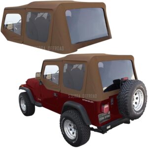 sierra offroad soft top for 1988 to 1995 jeep wrangler yj - spice, denim vinyl - 2 door jeep soft top with rear plastic tinted windows - factory precision fit replacement - with upper door skins