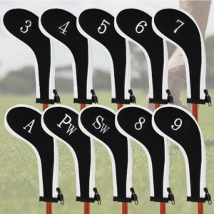 HIFROM 10 pcs Number Print Golf Headcover, Long Neck Iron Zipper Neoprene Head Covers Replacement for Most Brands 3-Sw, Golf Iron Head Covers Set Headcover